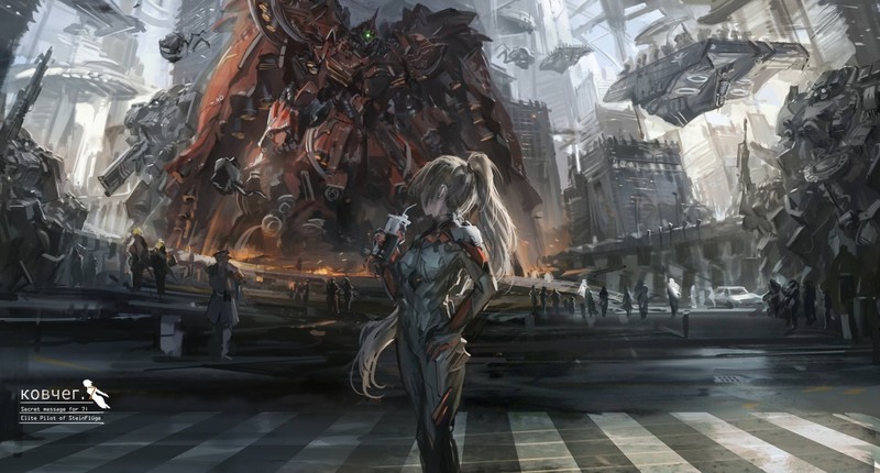 anime, artwork, digital art, anime girls, mech, long hair, blonde, ponytail, mecha girls, drink, futuristic, science fiction