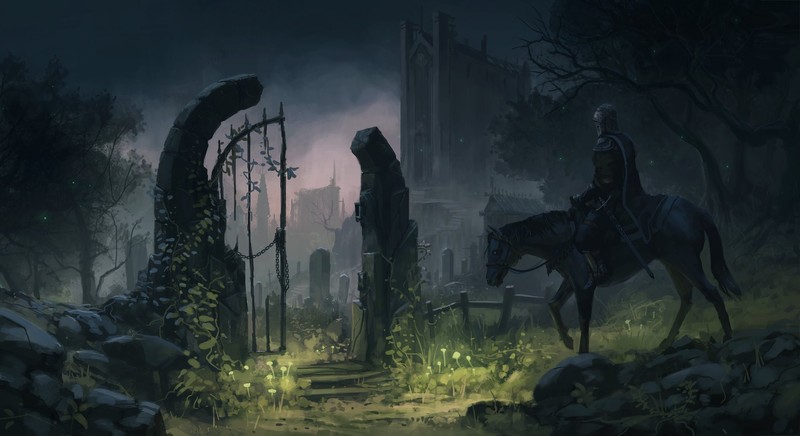 Matthew Dobrich, garden, ruins, rocks, horseman, horse, men