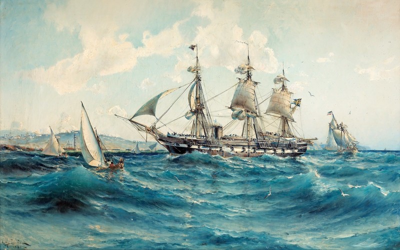 artwork, sea, painting, classic art, ship