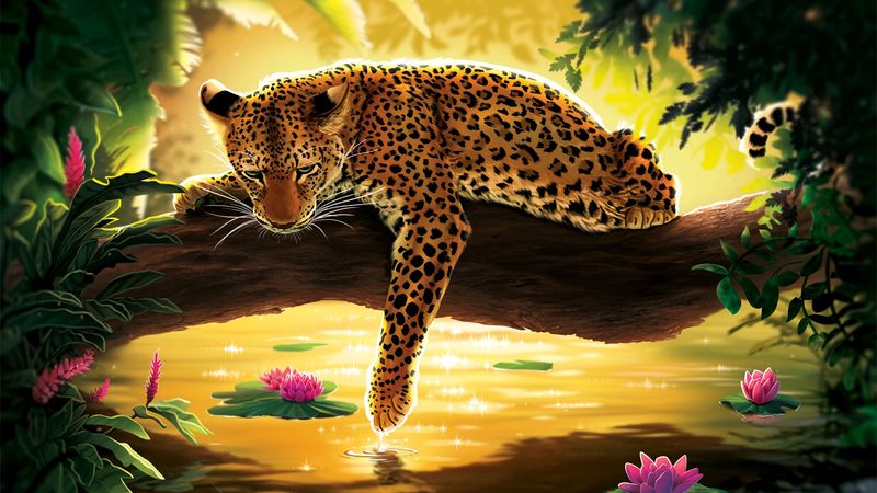leopard, water, art, tree, water lilies, 4k