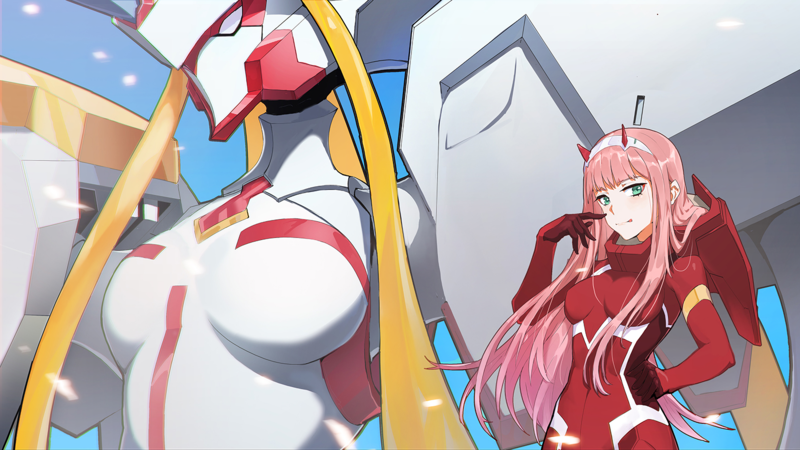 digital art, artwork, pink hair, green eyes, Darling in the FranXX, Zero Two (Darling in the FranXX), Code:002, anime, anime girls, mecha girls, bodysuit, long hair, mech, horns, tight clothing, looking at viewer