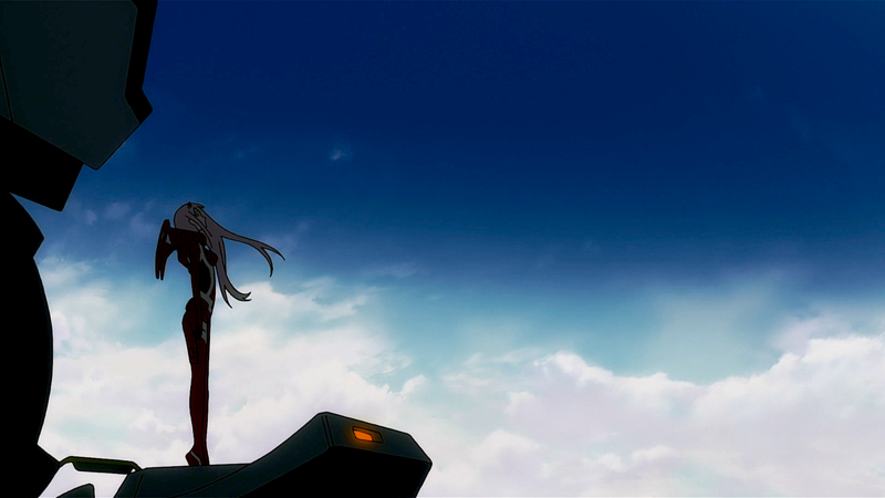 digital art, artwork, pink hair, clouds, Darling in the FranXX, Zero Two (Darling in the FranXX), Code:002, anime, anime girls, mecha girls, bodysuit, sky, long hair, mech, horns, tight clothing, looking into the distance