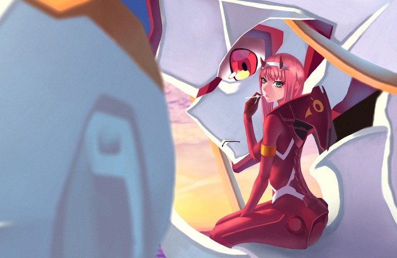 digital art, artwork, pink hair, green eyes, Darling in the FranXX, Zero Two (Darling in the FranXX), Code:002, anime, anime girls, mecha girls, bodysuit, long hair, horns, tight clothing, looking at viewer, looking back, lollipop, lingerie