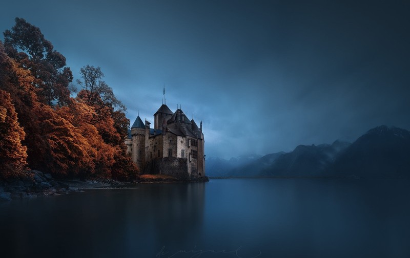 dark, castle, nature, water, fall, lake, blue