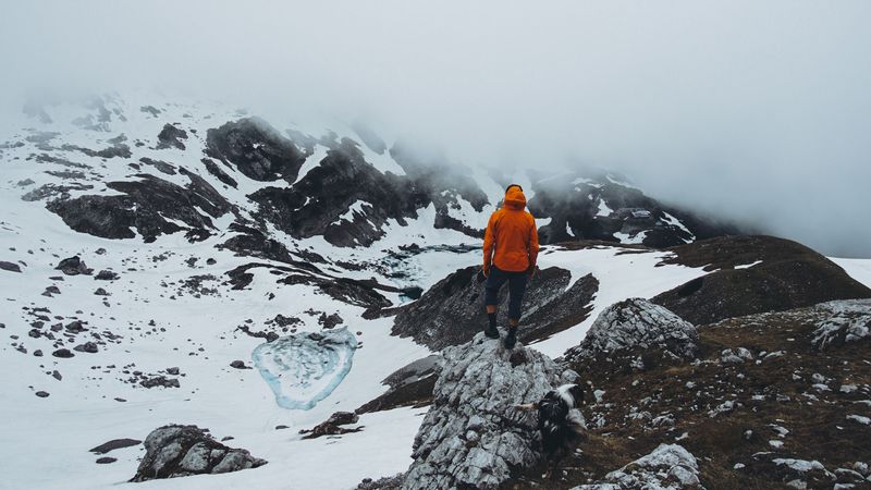 man, loneliness, solitude, snow, stones, fog, 4k