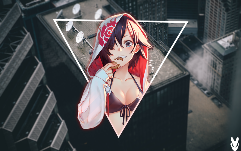 anime girls, building, picture-in-picture, bikini, anime girls eating, cookies, short hair