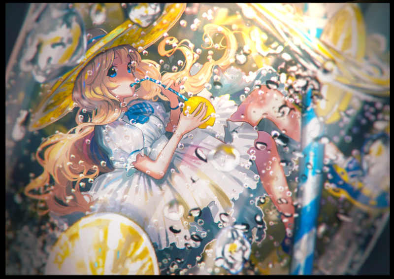 anime girls, Lemonade, anime, hat, blue eyes, colorful, drinking