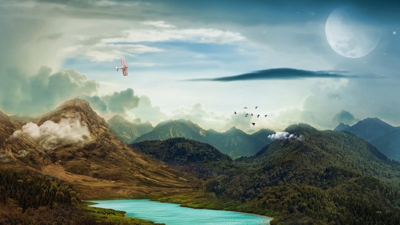 mountains, nature, Moon, lake