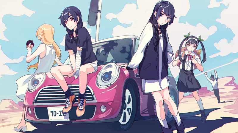 anime, anime girls, Oshino Shinobu, Kanbaru Suruga, Senjougahara Hitagi, Hachikuji Mayoi, Araragi Koyomi, Monogatari Series