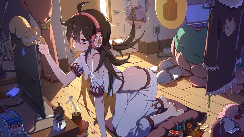 anime, anime girls, headphones, barefoot, cats, Extraordinary Ones