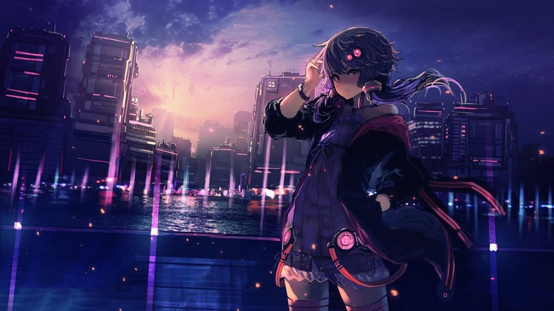 anime, anime girls, Yuzuki Yukari, Vocaloid, purple hair, city