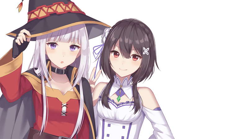 anime, anime girls, white background, white skin, fan art, crossover, Kono Subarashii Sekai ni Shukufuku wo!, Megumin, Emilia (Re: Zero), Re:Zero Kara Hajimeru Isekai Seikatsu
