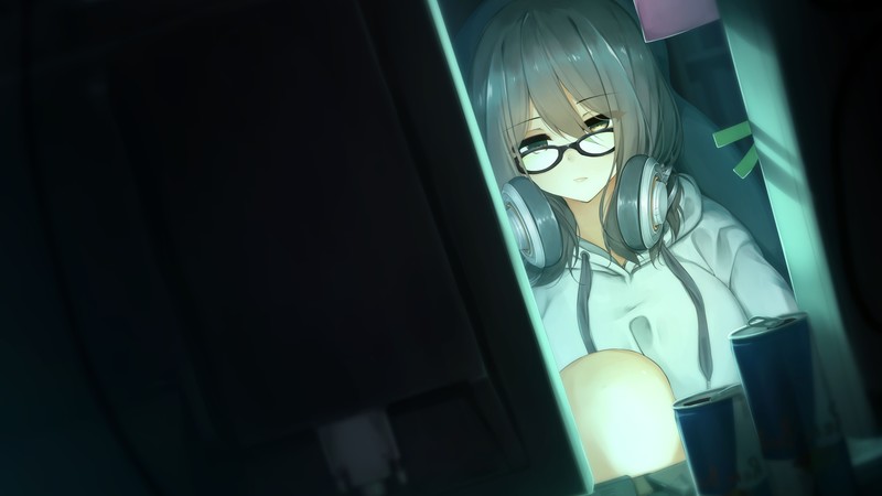 anime, anime girls, headphones, glasses, sweater, energy drinks