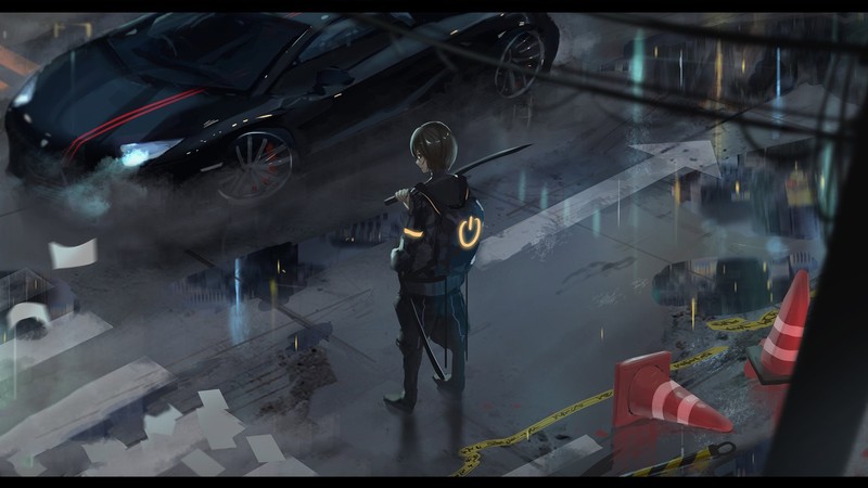 anime, anime girls, rain, car, grey, katana, Lamborghini Aventador, high angle, kanji