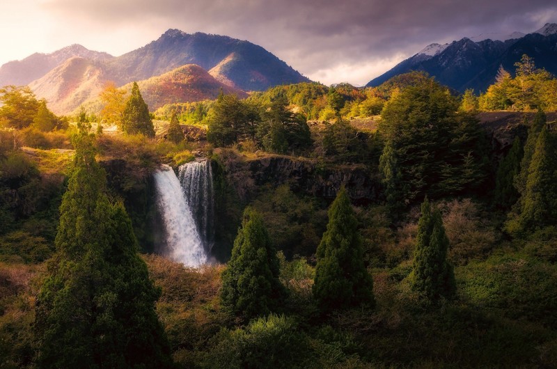 nature, landscape, waterfall, mountains, trees