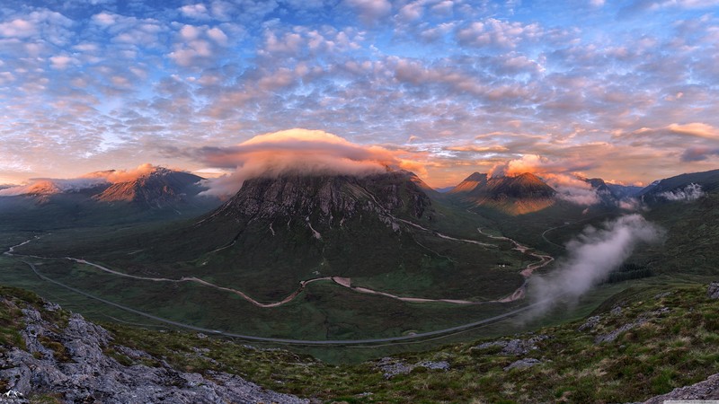 Scotland, nature, sunrise, landscape, clouds, road, sky