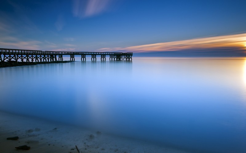nature, long exposure, sunset, water, pier