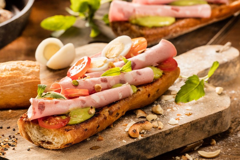 food, ham, bread, eggs, lettuce