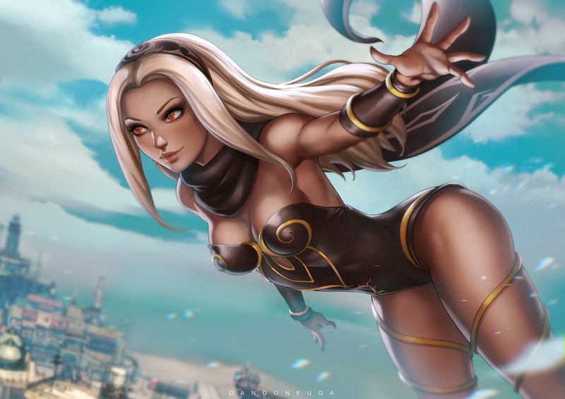 digital art, artwork, long hair, women, thighs, video games, Gravity Rush, Kat, anime girls, cleavage, blonde, red eyes, tight clothing, dandon fuga, bodysuit, scarf