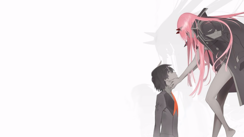 digital art, artwork, long hair, anime, anime girls, pink hair, Darling in the FranXX, Code:016 (Hiro), Code:002, thighs, horns, anime boys, simple background, Zero Two (Darling in the FranXX)