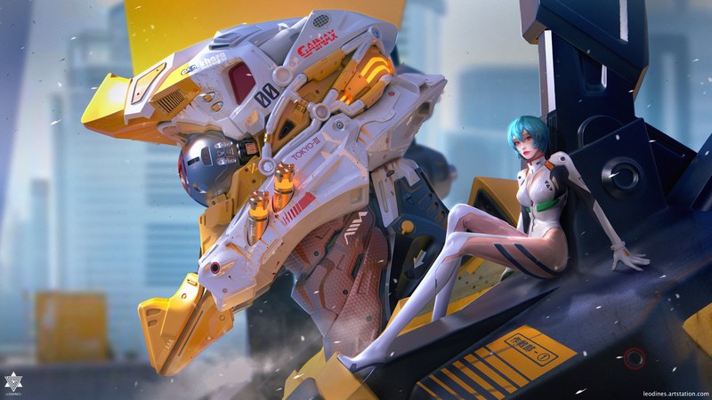 anime girls, EVA Unit 00, mech, Neon Genesis Evangelion, Ayanami Rei, short hair, blue hair, bodysuit