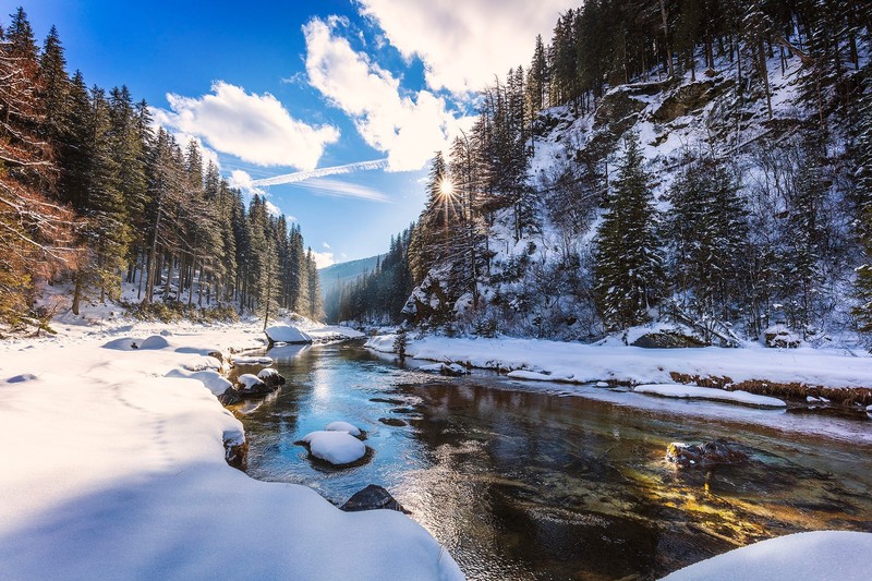 winter, nature, river, mountains, landscape