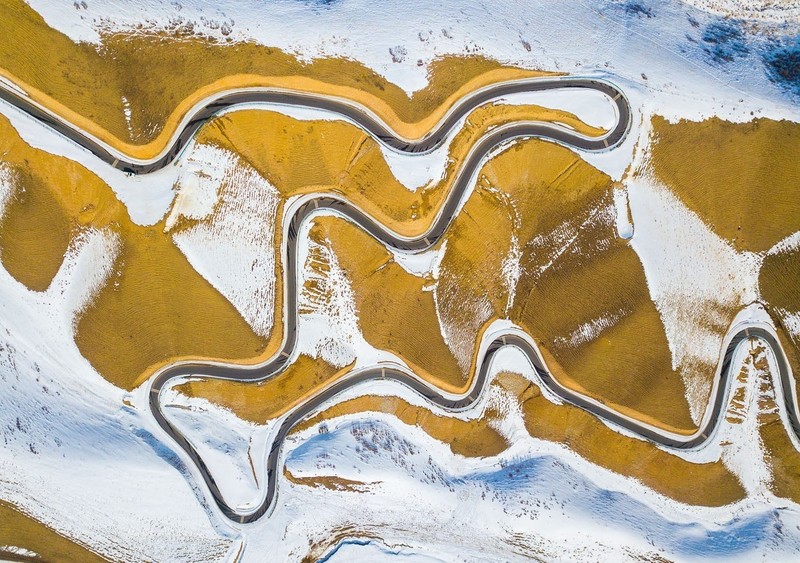 nature, landscape, China, aerial view, winter, snow, road