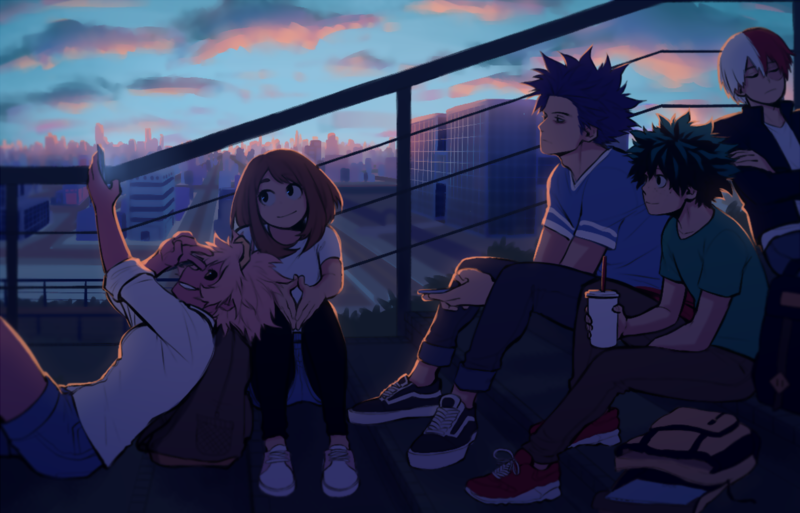 Boku no Hero Academia, Ashido Mina, Uraraka Ochako, Midoriya Izuku, Todoroki Shōto, friendship, cityscape, evening, black sclera