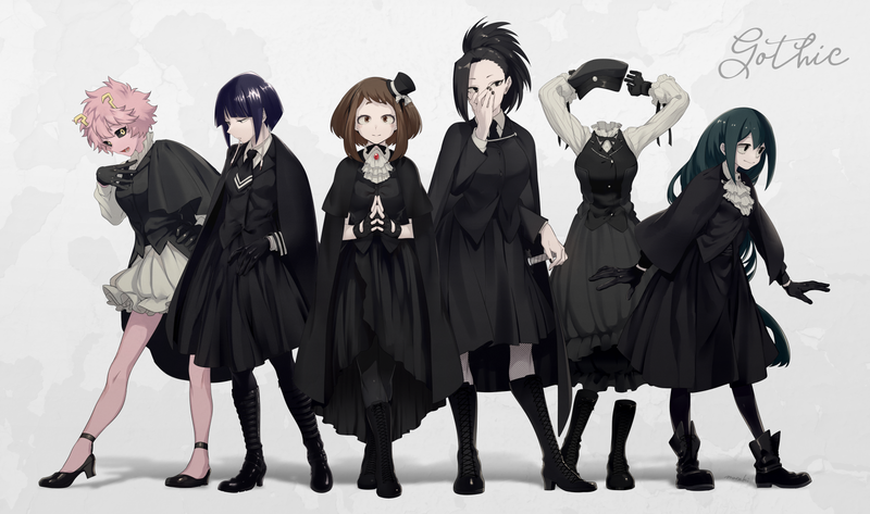 Boku no Hero Academia, anime girls, Ashido Mina, Uraraka Ochako, Tsuyu Asui, Yaoyorozu Momo, Hagakure Tōru, Jirō Kyōka, black suit, black sclera, frontal view