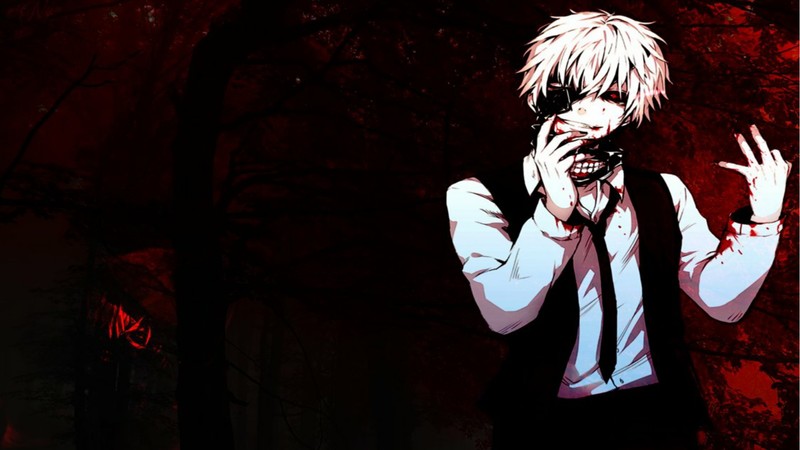Tokyo Ghoul, Kaneki Ken, anime boys, red eyes, blood, blonde, anime, tie