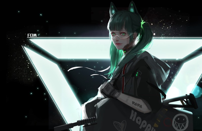 anime girls, anime, green hair, green eyes, long hair, weapon