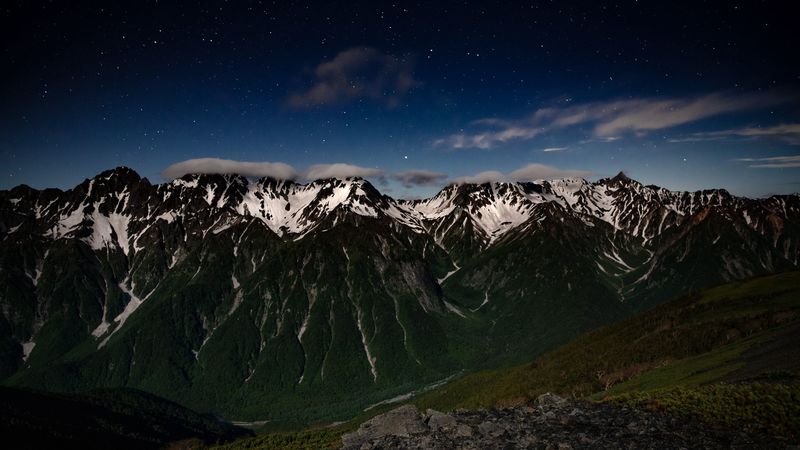 mountains, night, landscape, peaks, starry sky, 4k