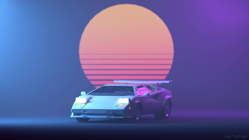 retrowave, car, blue, simple background, Lamborghini Countach, pop-up headlights