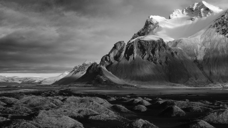 mountains, landscape, bw, hilly, gloomy, 4k