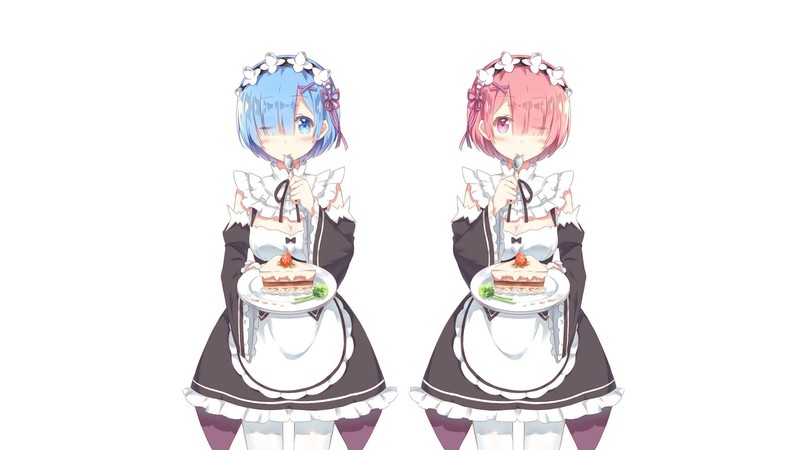 anime, anime girls, simple background, white background, maid, maid outfit, Rem (Re: Zero), Ram (Re: Zero), anime girls eating, Re:Zero Kara Hajimeru Isekai Seikatsu