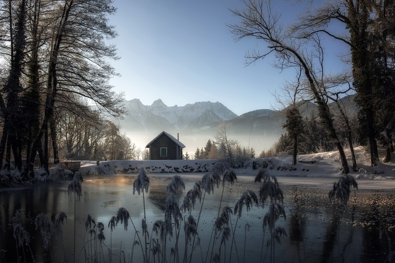 nature, winter, hut, landscape