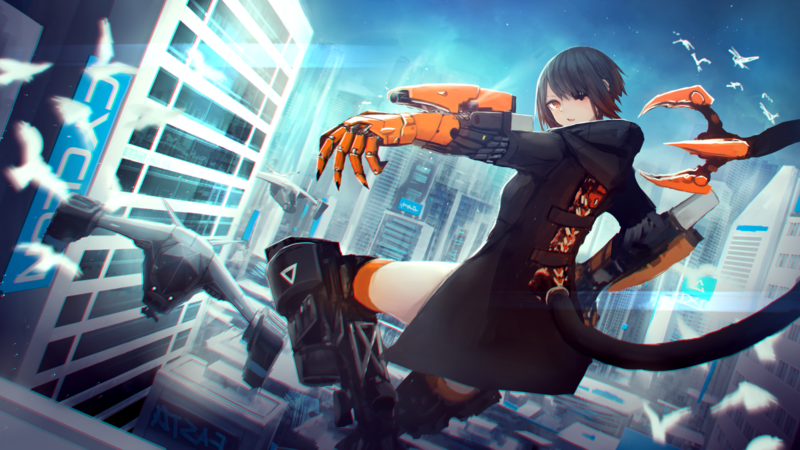 anime, anime girls, futuristic, city, dark hair, cyan