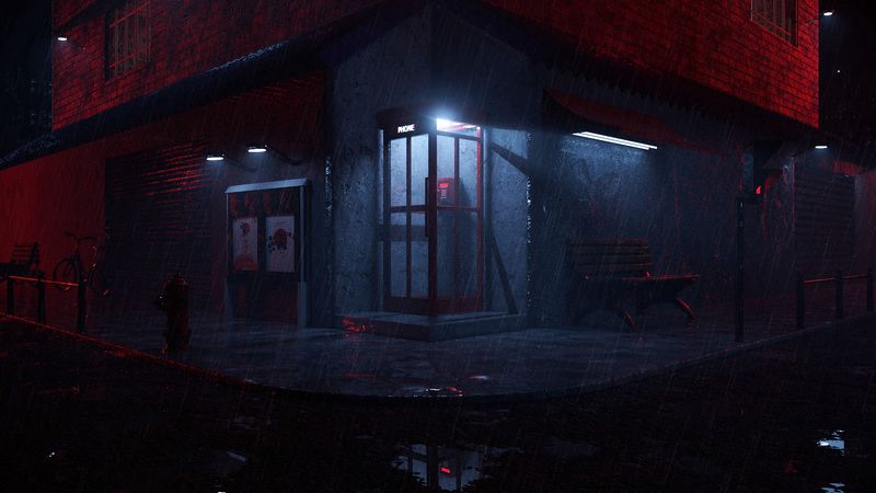 phone booth, light, night, rain, dark, 4k