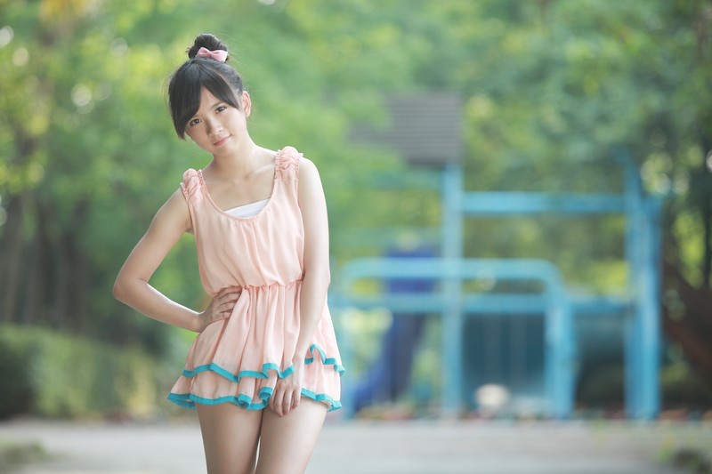 women, xiaojing, Asian, brunette, minidress, hands on hips, looking at viewer, hairbun, pink dress
