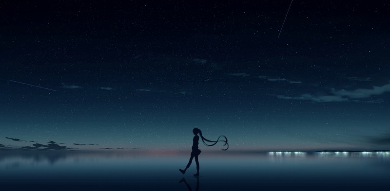 anime girls, sky, silhouette, twintails, stars