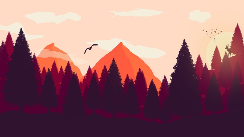 Firewatch, digital art, birds, forest, landscape, deer, mountains, trees, clouds, sunrise, Photoshop, minimalism