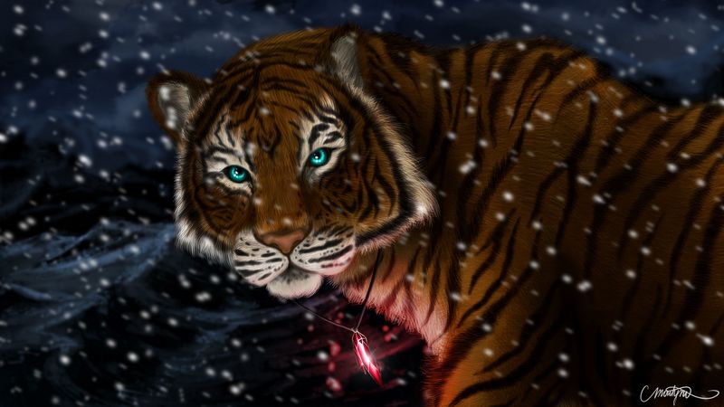 tiger, snow, art, predator, pendant, glance, 4k