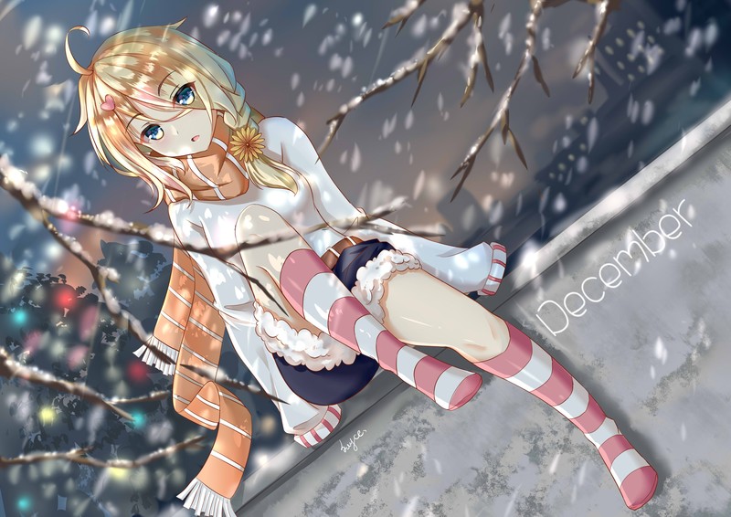 anime girls, 呓语青芒, anime, blonde, blue eyes, scarf, striped socks, flower in hair, snow, December (Month)