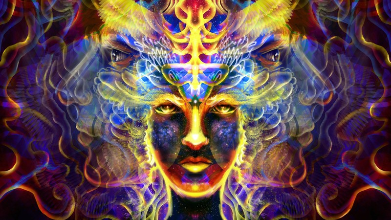 trippy, psychedelic, colorful, fractal, face, symmetry, yellow