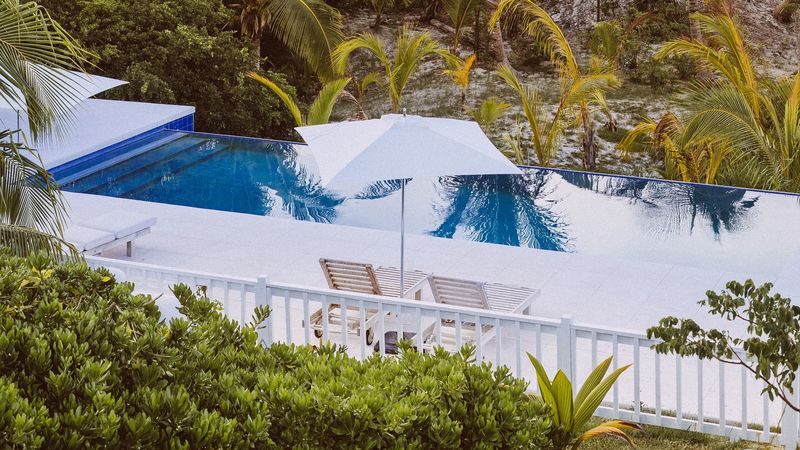 palm trees, pool, deck chairs, summer, rest, 4k
