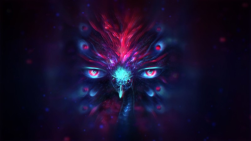 trippy, psychedelic, eyes, peacock, red, peacocks, artwork, blue, birds
