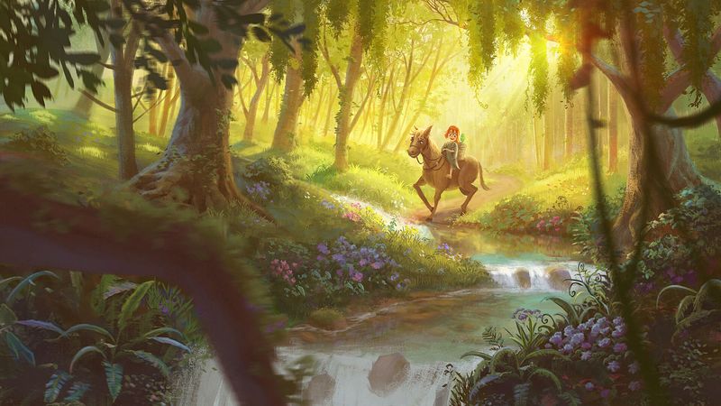 child, horse, art, forest, stream, 4k