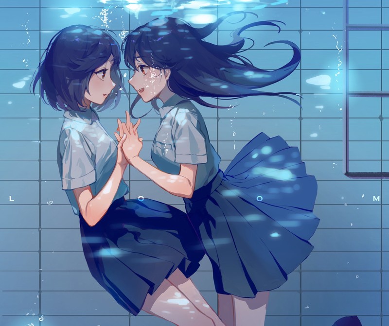 anime, anime girls, underwater, holding hands