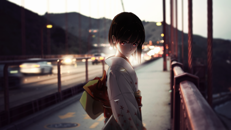 anime, anime girls, bridge, glowing eyes, traffic