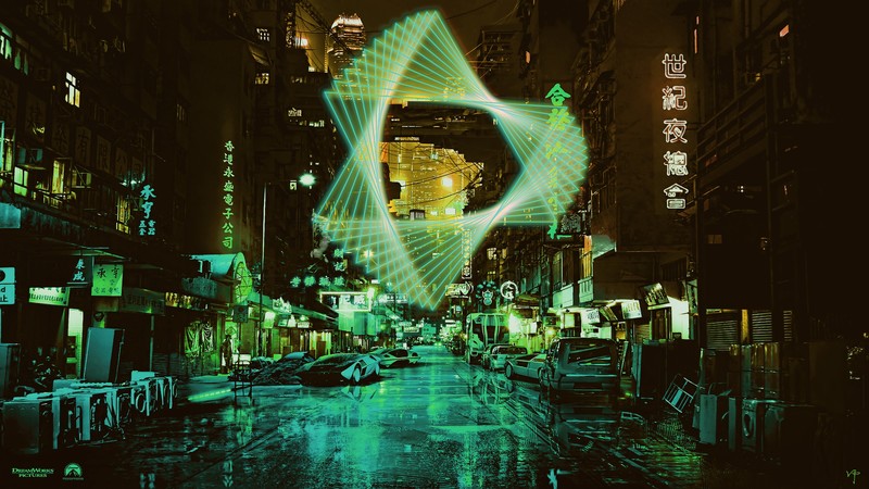 neon, night, green, yellow, car, city, turquoise, wet street, futuristic city